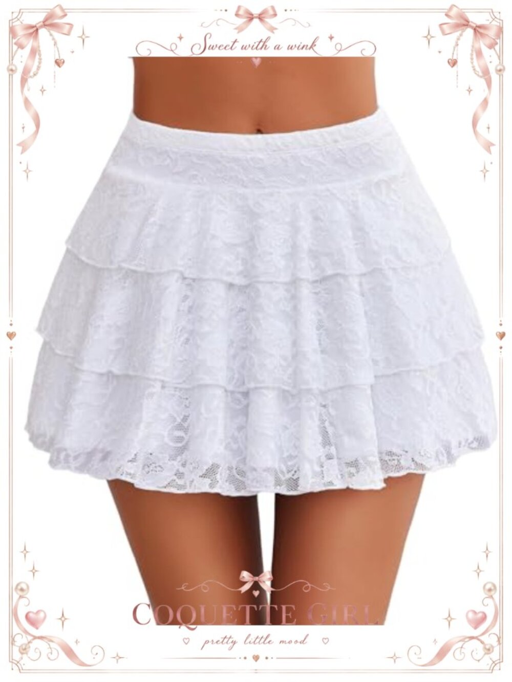 Pleated Mini Skirt Lace High Waisted Ruffle Trim Layered A-Line